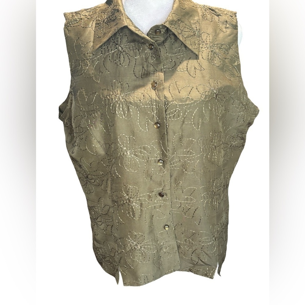 Silk Land Sleeveless Embroidered Top.  Color Olive